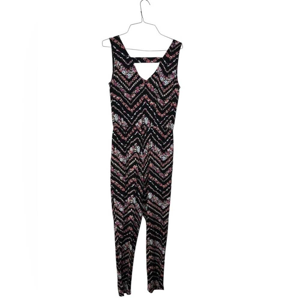 Whimsigoth Chic BeBop Black and Pink Floral Chevron Jumpsuit | Size M